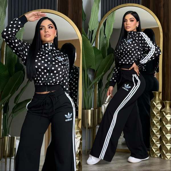 Two piece set of high waisted wide leg pants with polka dot embroidery zipper top J5361
