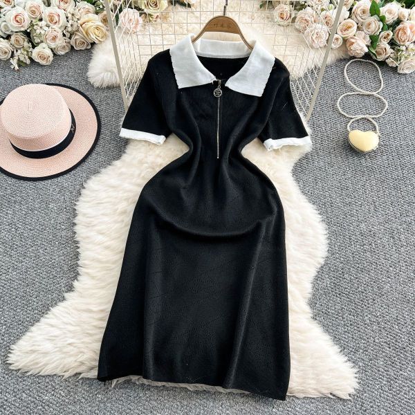 Flip collar zipper collar diamond grid hollow knit dress A1044641582905