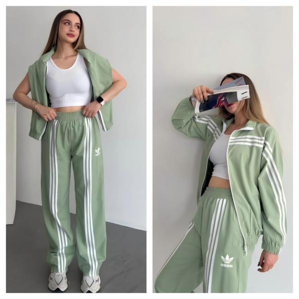 Zipper jacket+elastic waist wide leg pants two-piece set Q6395