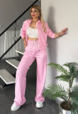 Polka collar zipper jacket high waist wide leg pants set Q6396