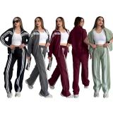 Zipper jacket+elastic waist wide leg pants two-piece set Q6395