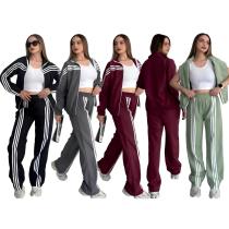 Zipper jacket+elastic waist wide leg pants two-piece set Q6395 Zipper jacket+elastic waist wide leg pants two-piece set Q6395
