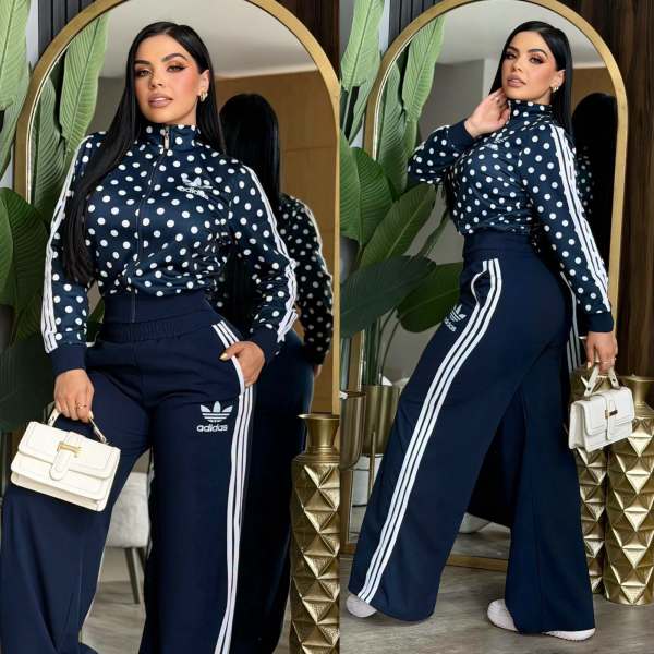 Two piece set of high waisted wide leg pants with polka dot embroidery zipper top J5361