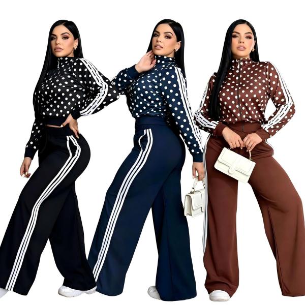 Two piece set of high waisted wide leg pants with polka dot embroidery zipper top J5361