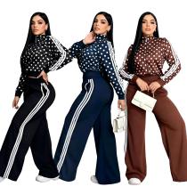 Two piece set of high waisted wide leg pants with polka dot embroidery zipper top J5361 Two piece set of high waisted wide leg pants with polka dot embroidery zipper top J5361