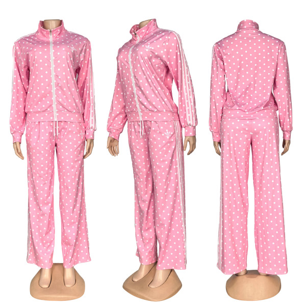 Polka collar zipper jacket high waist wide leg pants set Q6396