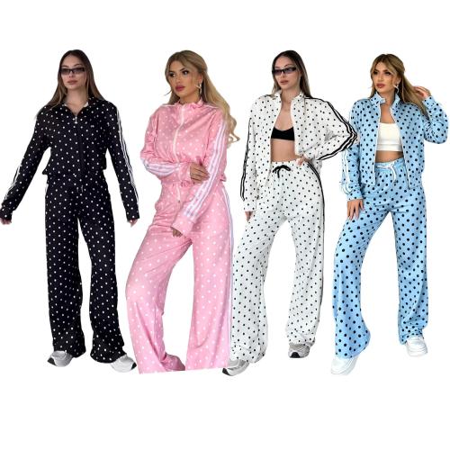 Polka collar zipper jacket high waist wide leg pants set Q6396