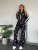 Polka collar zipper jacket high waist wide leg pants set Q6396