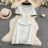 Flip collar zipper collar diamond grid hollow knit dress A1044641582905
