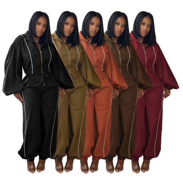Striped long sleeved zipper short jacket, drawstring pants two-piece set AL371