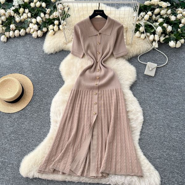 Polo collar short sleeved long knit dress A826081891306