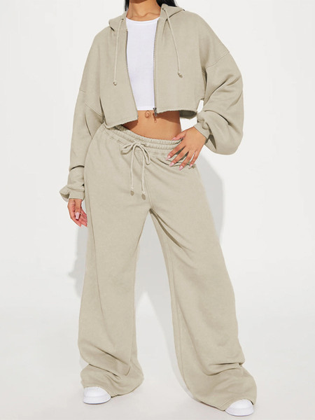Dropped shoulder bubble sleeves, exposed navel hooded cardigan, drawstring wide leg pants two-piece set HR26051
