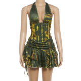Digital printed neck hanging vest short skirt set with exposed back K6S04954A