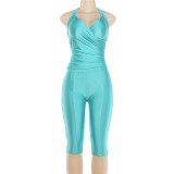 Metallic low cut hanging neck backless upper garment set K6S16172A