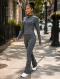 Stand collar jacquard high stretch fabric long sleeved pants with finger button two-piece set CM60727