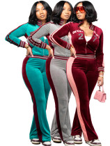 Embroidered velvet stand up collar cardigan, contrasting color splicing, micro flared pants two-piece set HR26037