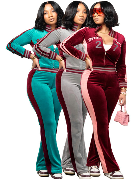 Embroidered velvet stand up collar cardigan, contrasting color splicing, micro flared pants two-piece set HR26037