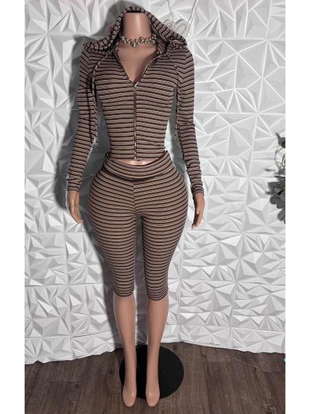 Striped hooded zipper cardigan, fold over waist, seven inch mid length pants two-piece set HR26050