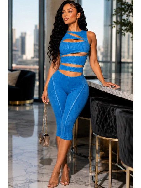 Water washed distressed thread hollow sleeveless zipper seven part jumpsuit HR26083