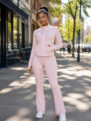 Stand collar jacquard high stretch fabric long sleeved pants with finger button two-piece set CM60727