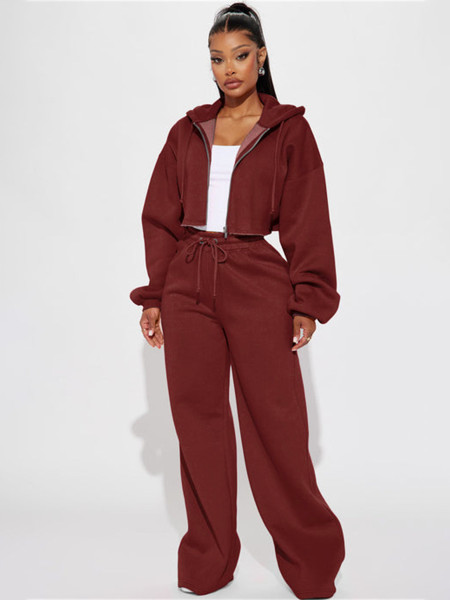Dropped shoulder bubble sleeves, exposed navel hooded cardigan, drawstring wide leg pants two-piece set HR26051