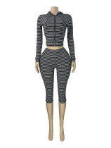 Striped hooded zipper cardigan, fold over waist, seven inch mid length pants two-piece set HR26050 Striped hooded zipper cardigan, fold over waist, seven inch mid length pants two-piece set HR26050