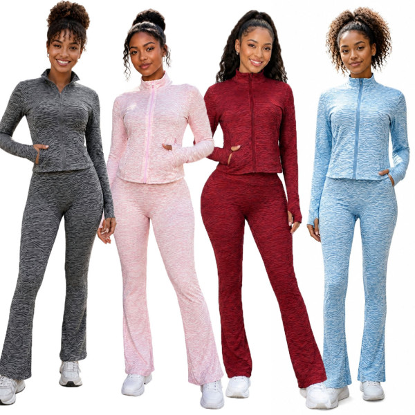 Stand collar jacquard high stretch fabric long sleeved pants with finger button two-piece set CM60727