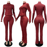 Stand collar jacquard high stretch fabric long sleeved pants with finger button two-piece set CM60727