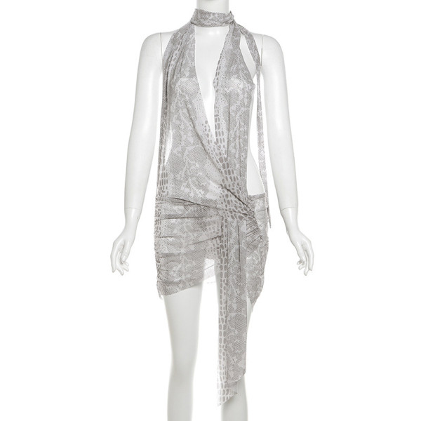 Digital printed backpack hip dress with exposed buttocks K24D51387