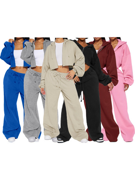 Dropped shoulder bubble sleeves, exposed navel hooded cardigan, drawstring wide leg pants two-piece set HR26051