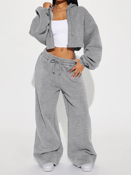 Dropped shoulder bubble sleeves, exposed navel hooded cardigan, drawstring wide leg pants two-piece set HR26051