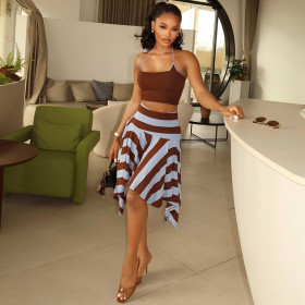 Sleeveless neck tie vest irregular skirt set K6S15887A