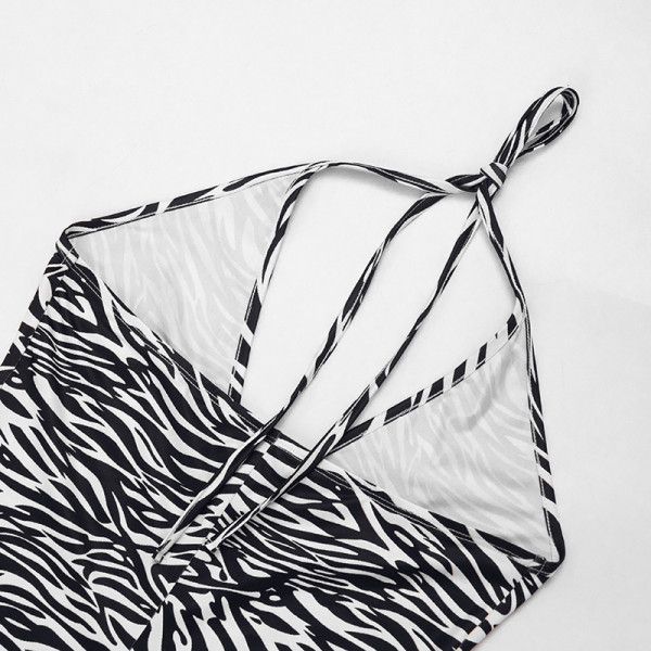 Zebra print hanging neck deep V-neck backless jumpsuit shorts Q26RP091