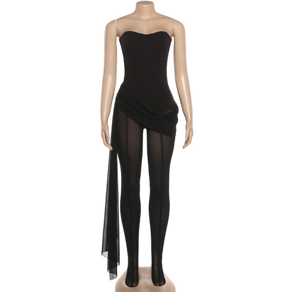 Sleeveless strapless mesh patchwork jumpsuit K25Q88562