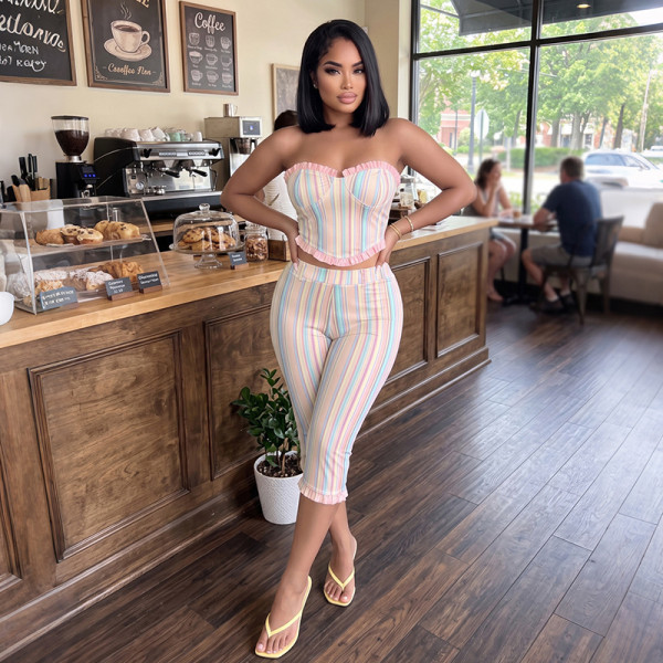 Sleeveless chest hugging open back high waisted pants set K6S11107A