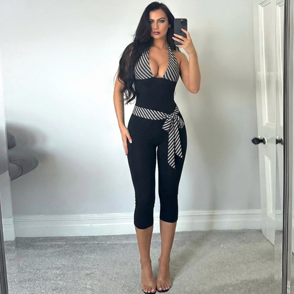 V-neck hanging neck striped patchwork tight jumpsuit K6Q05199A
