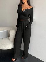 Long sleeved buttoned top and long pants two-piece set HYX392 Long sleeved buttoned top and long pants two-piece set HYX392