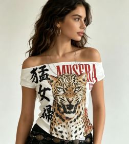 Off Shoulder Leopard Print Slim Fit Short T-shirt HY12360