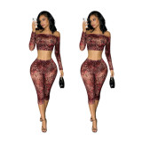 Mesh printed long sleeved off shoulder cropped pants set MZ88718