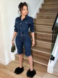 Denim stretch long sleeved five quarter pants set MZ88717