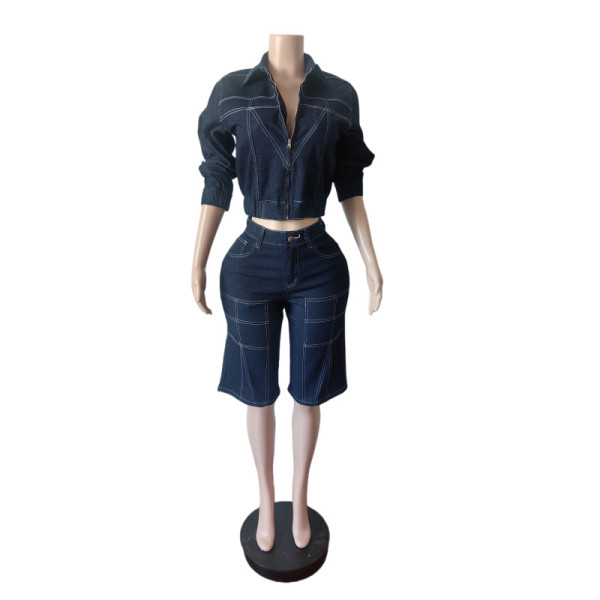 Denim long sleeved cropped elastic suit MZ88714