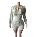 Hoodie hooded long sleeved threaded shorts set MZ88716