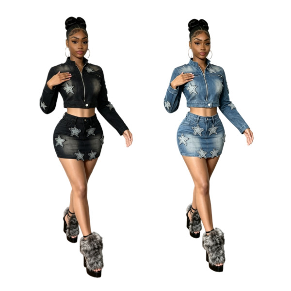 Five pointed star elastic long sleeved denim short skirt set MZ88715