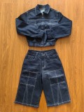 Denim long sleeved cropped elastic suit MZ88714