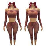 Mesh printed long sleeved off shoulder cropped pants set MZ88718