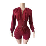 Hoodie hooded long sleeved threaded shorts set MZ88716