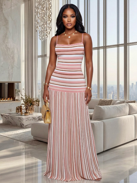 Strap contrasting backless striped dress TW861