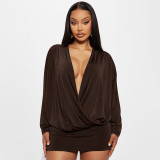Deep V-long sleeved waist and hip cinching dress ZD250911