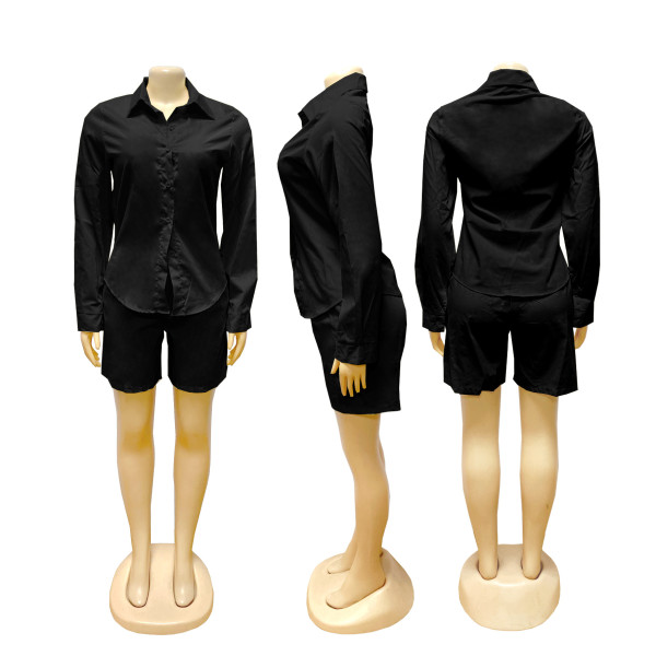 Collar solid color casual short trousers long sleeved shirt set TW860