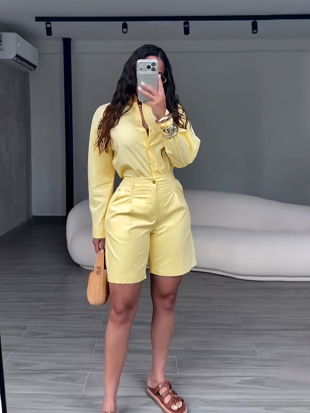 Collar solid color casual short trousers long sleeved shirt set TW860